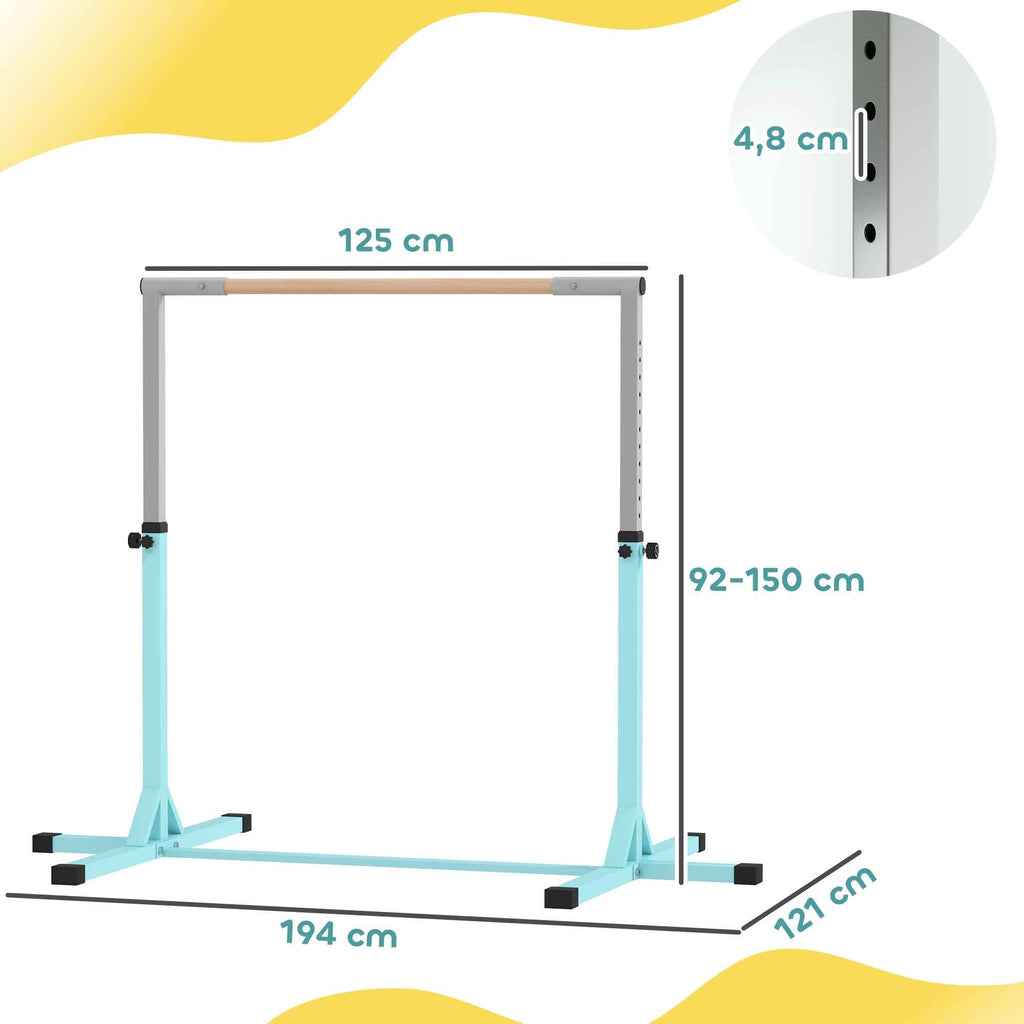 HOMCOM Height-Adjustable Gymnastics Bar for Children Ages 3+, Made of Steel and Solid Beech Wood, Light Blue