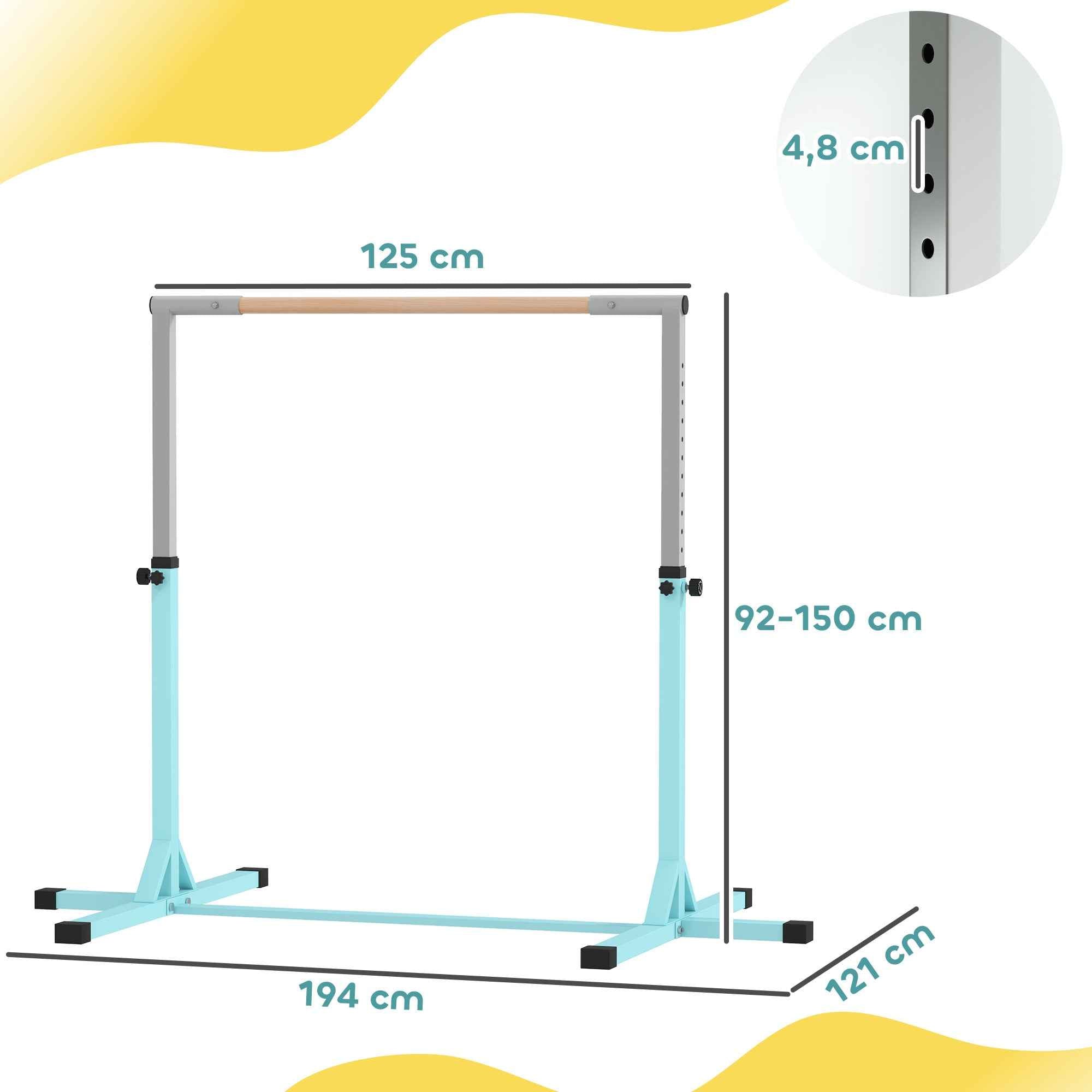 HOMCOM Height-Adjustable Gymnastics Bar for Children Ages 3+, Made of Steel and Solid Beech Wood, Light Blue