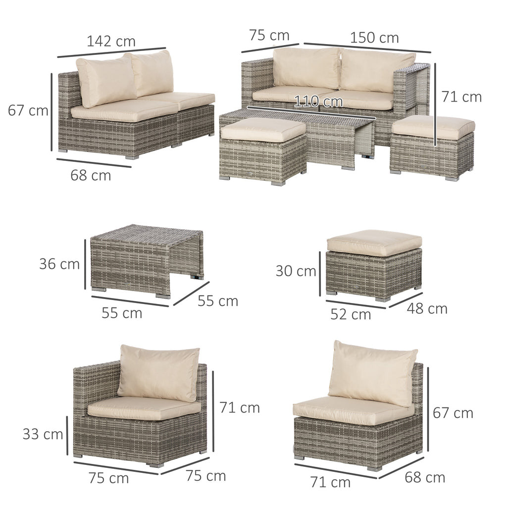 8-Piece PE Rattan Garden Lounge Set with Armchairs, Coffee Tables and Stools, Beige