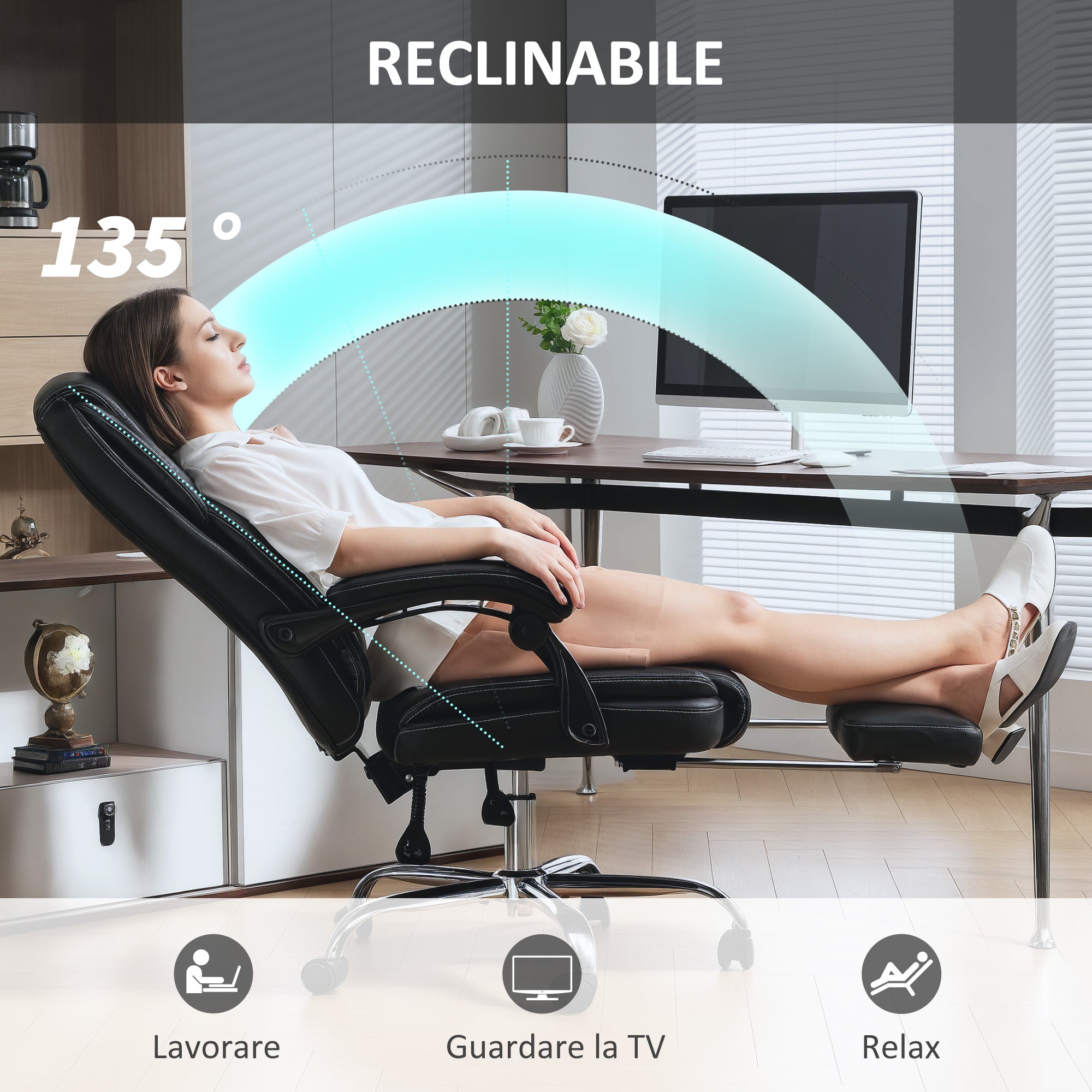 Reclining Office Chair with Pull-Out Footrest, PU Leather, 120 kg Capacity, Black