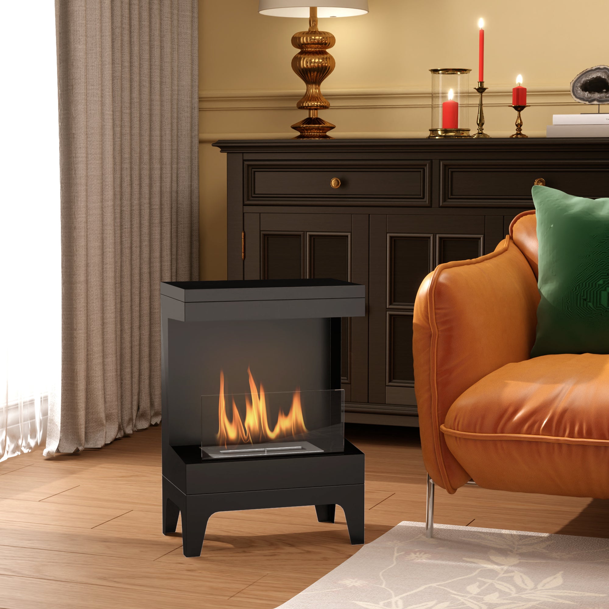 Freestanding Bioethanol Fireplace with 0.9L Burner and 3.3 Hours Burn Time, 38x22x54 cm, Black