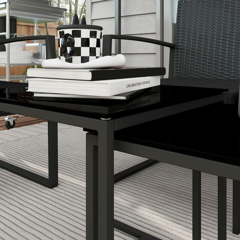Outsunny garden set with 2 chairs, sofa and 2 tables with cushions and glass top, black - Borgè