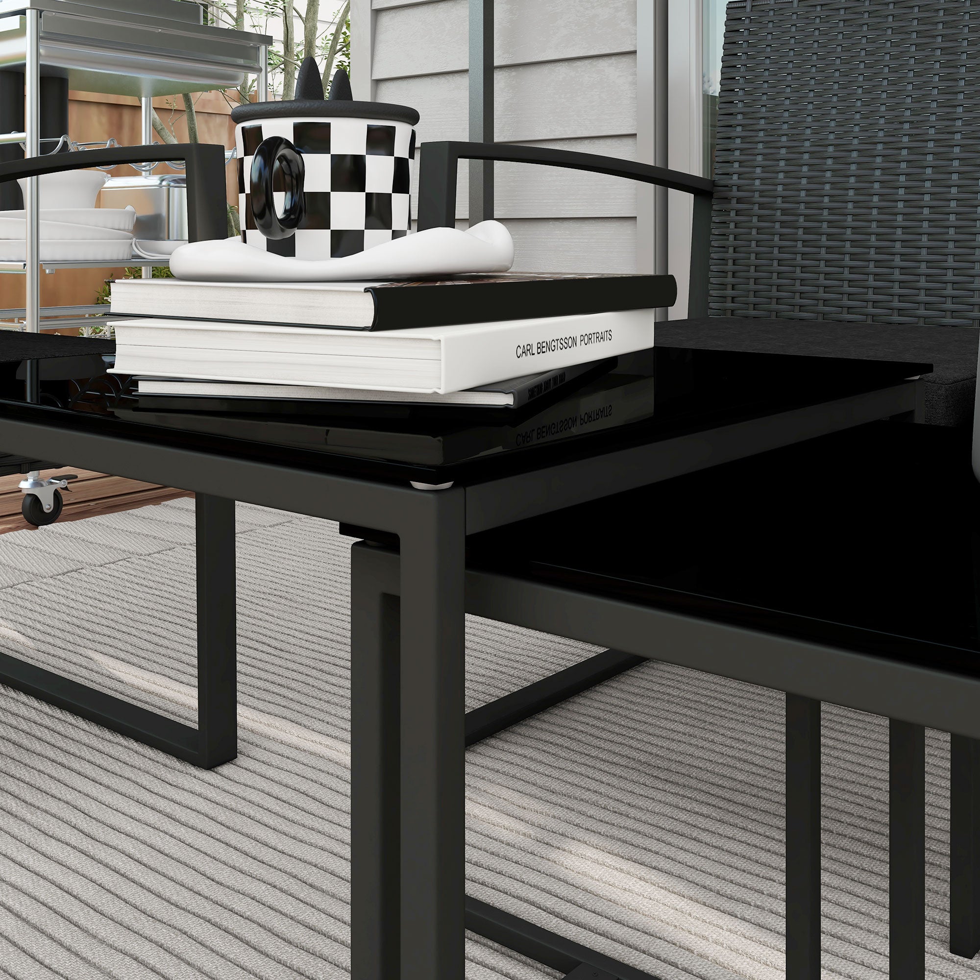 Outsunny garden set with 2 chairs, sofa and 2 tables with cushions and glass top, black - Borgè