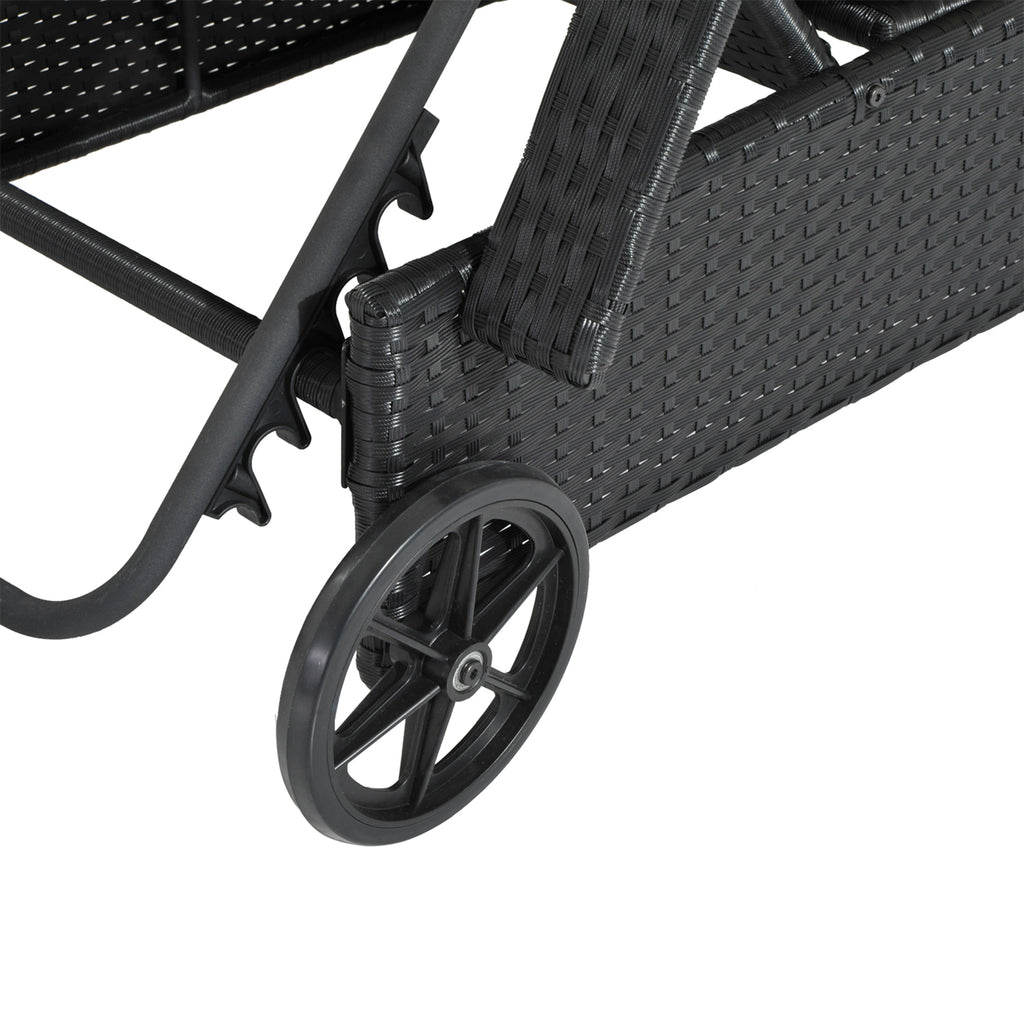 Garden Sun Lounger with Wheels, Height-Adjustable Rattan Beach Chair, Black and Cream, 200x73x103cm