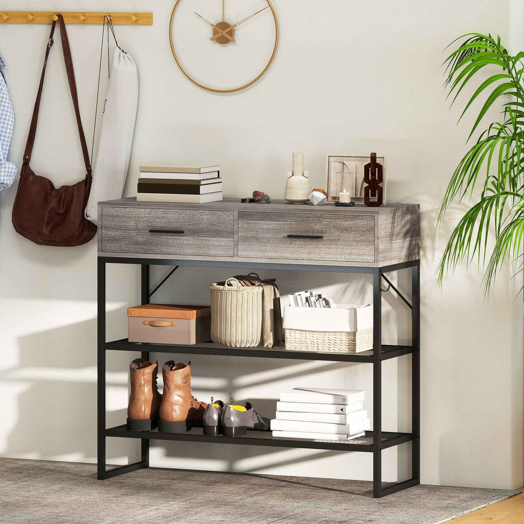 HOMCOM Entrance Console Table with 2 Drawers, 2 Shelves and Side Hook, in Wood and Metal, 100x35x92 cm, Black and Wood