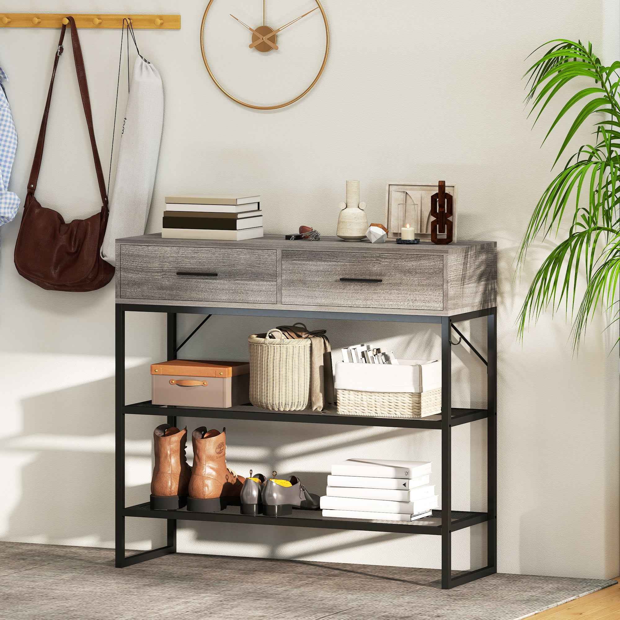 HOMCOM Entrance Console Table with 2 Drawers, 2 Shelves and Side Hook, in Wood and Metal, 100x35x92 cm, Black and Wood