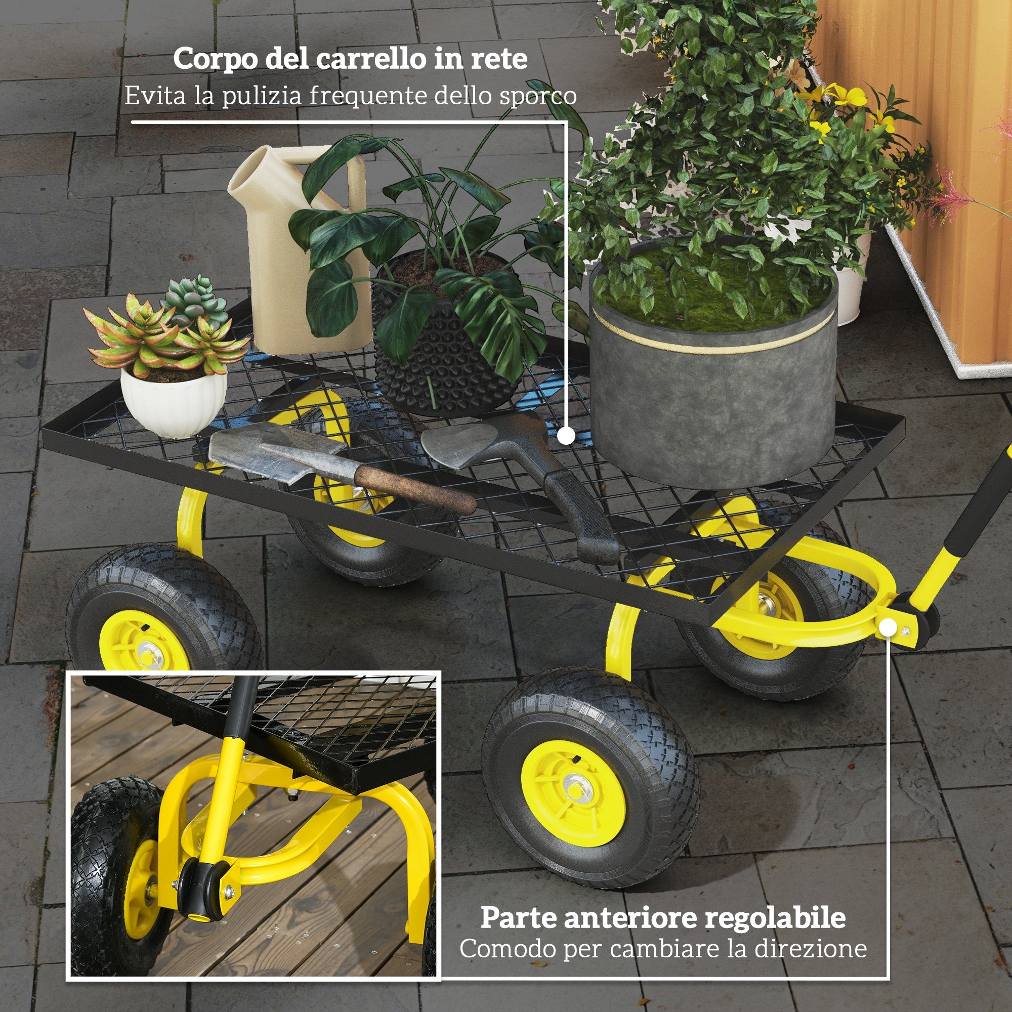 Outsunny Steel Garden Cart with 150 kg Capacity and Coated Handle, 94 x 48.5 x 100 cm, Yellow and Black
