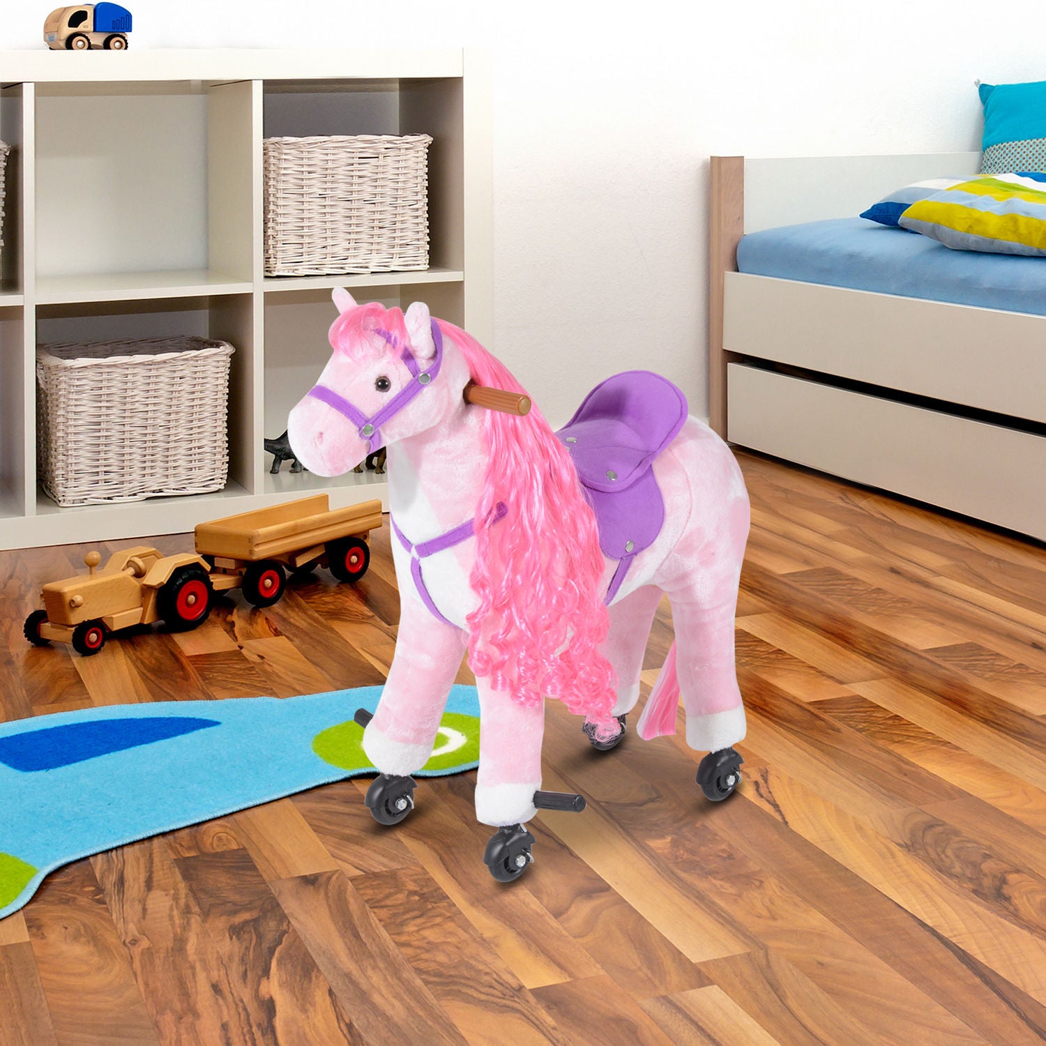 Rocking Horse for Children Ages 3+ with 4 Wheels, Realistic Sounds and Footrest, 65x28x75 cm, Pink