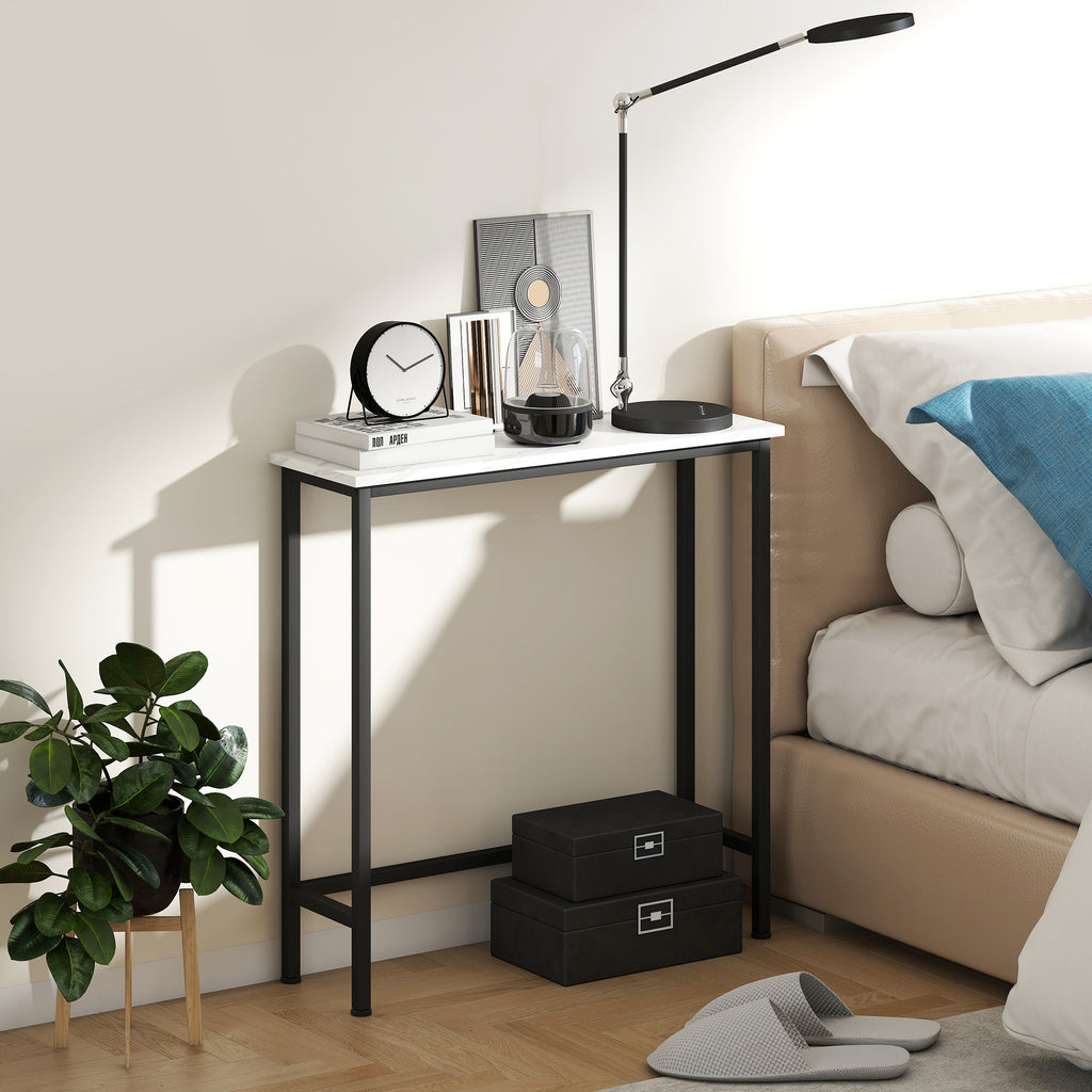 Entrance Console Table with Marble-Effect Top, in Wood and Steel, 75x24x76 cm, Black and White