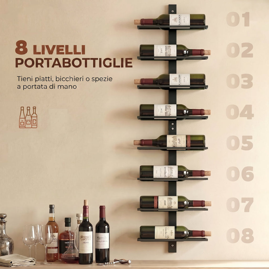 HOMCOM Wall-Mounted Steel Wine Rack for 8 Bottles, Kitchen and Living Room, 27 x 10 x 93.5 cm, Black