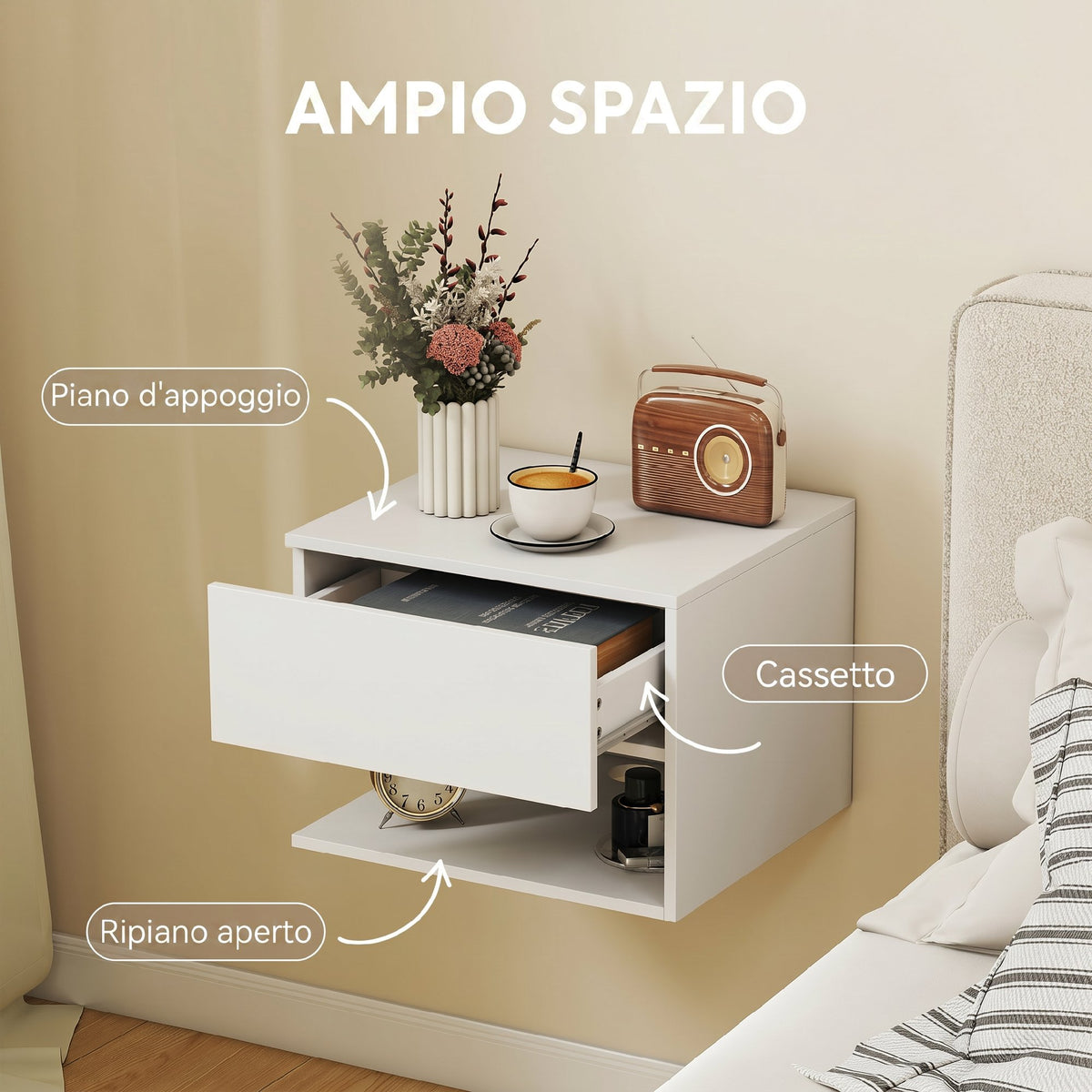 HOMCOM Set of 2 Wall-Mounted Bedside Tables with Power Sockets, White