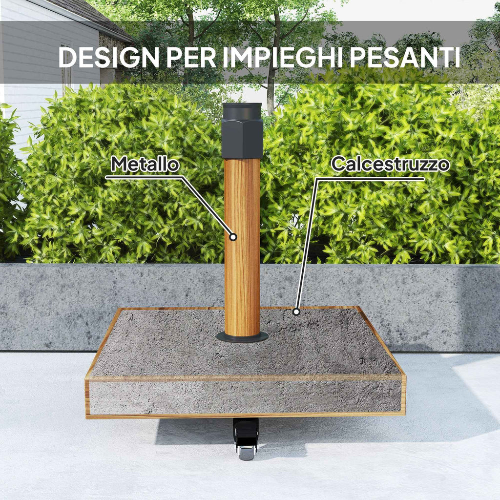 Outsunny Wheeled Umbrella Base with Brakes for Ø36/38/48 mm Poles, in Metal with Cement, Wood Effect