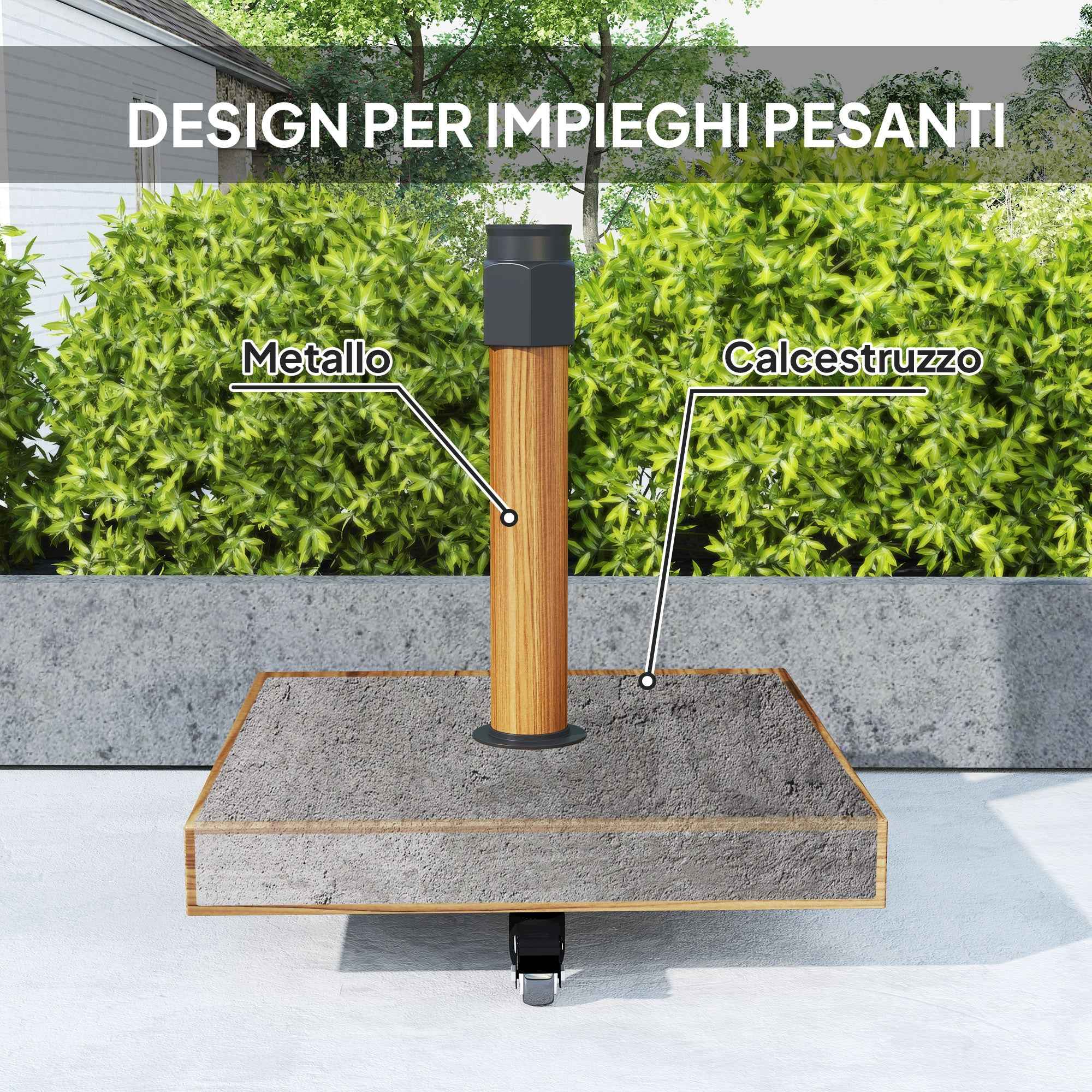 Outsunny Wheeled Umbrella Base with Brakes for Ø36/38/48 mm Poles, in Metal with Cement, Wood Effect