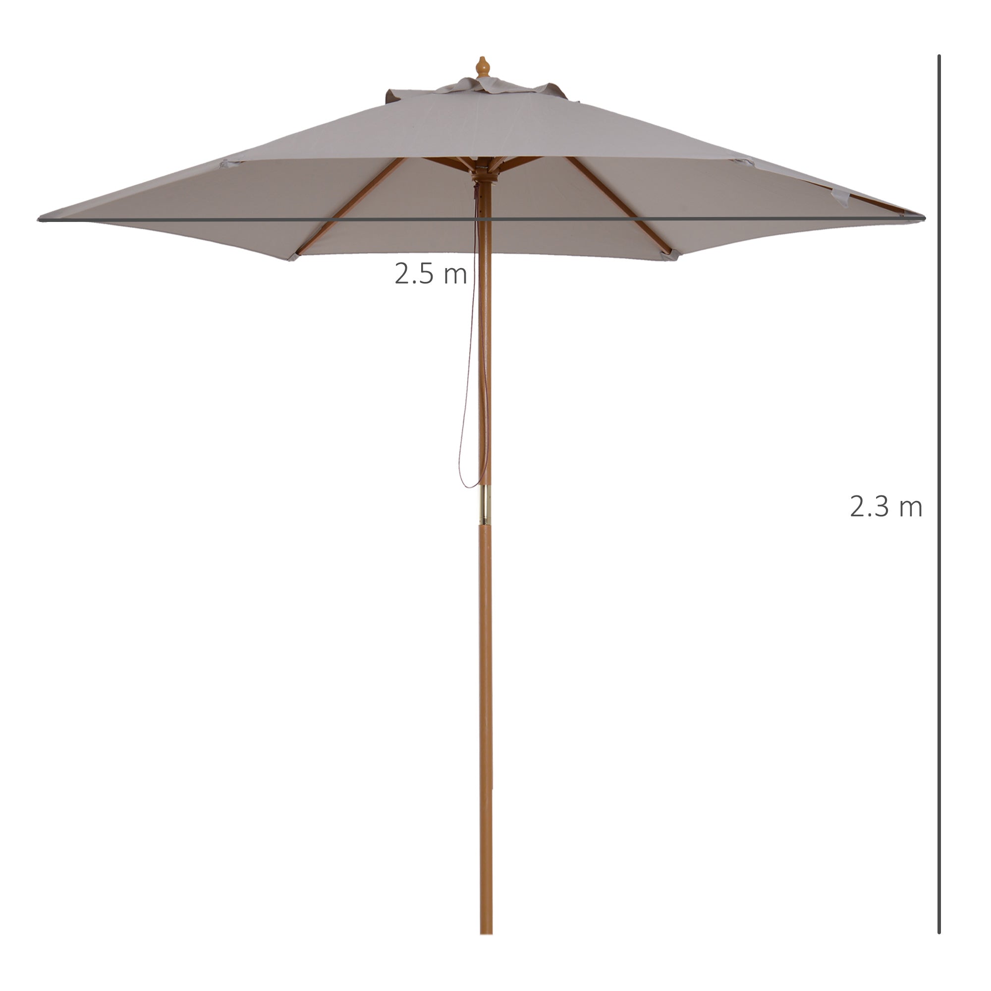 Garden Umbrella with 6 Ribs in Wood and Polyester Fabric, 2.5x2.3m, Gray - Borgè