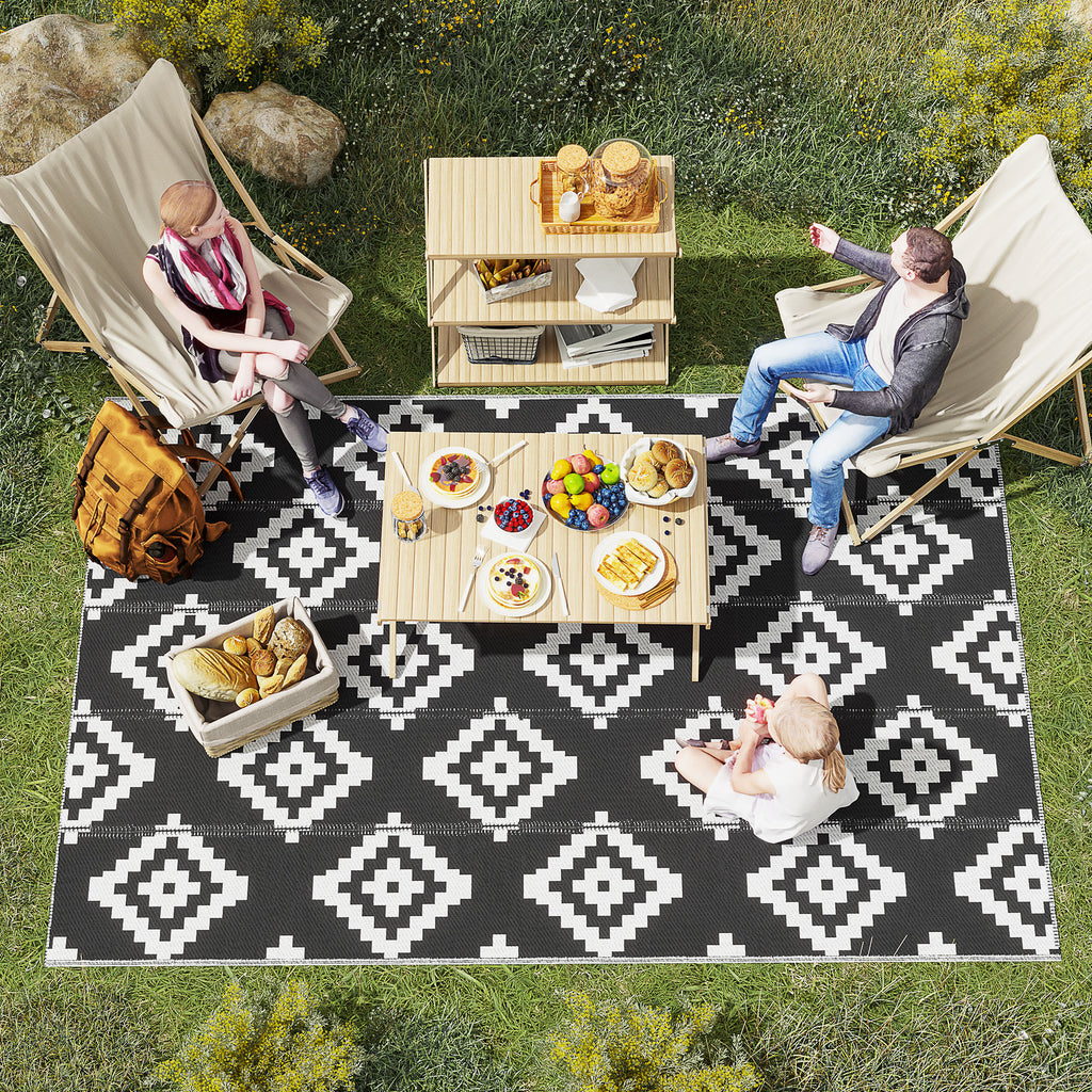 Reversible Geometric Pattern Outdoor Balcony and Terrace Rug, 2.74x1.82 m, Black and White