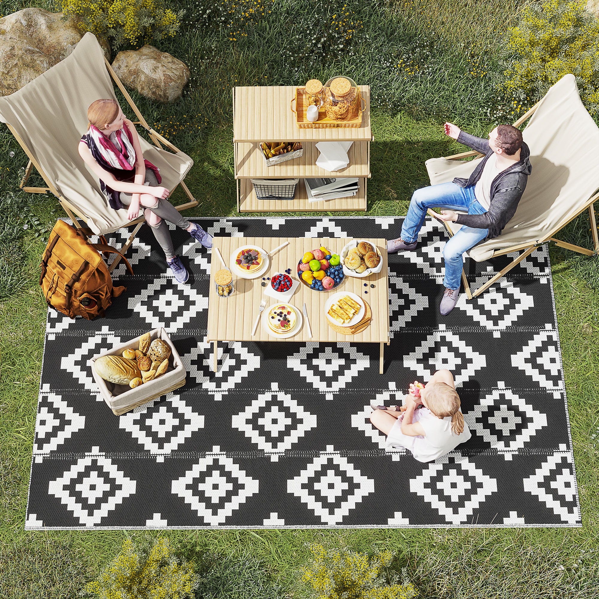 Reversible Geometric Pattern Outdoor Balcony and Terrace Rug, 2.74x1.82 m, Black and White