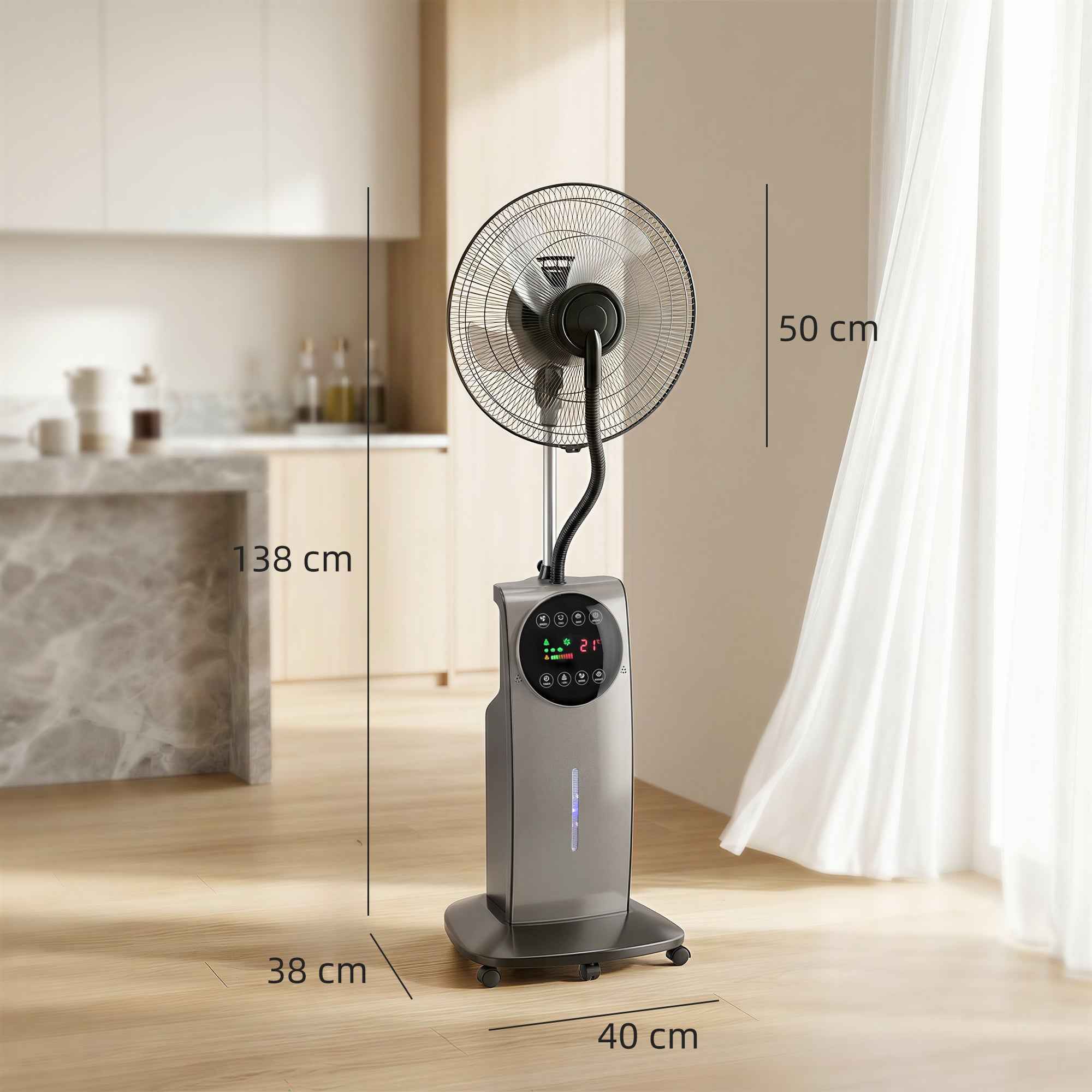Misting Fan with 3.1L Tank, 3 Modes and 3 Speeds, Wheels, 70° Oscillation, 10° Tilt, 12h Timer, 90W