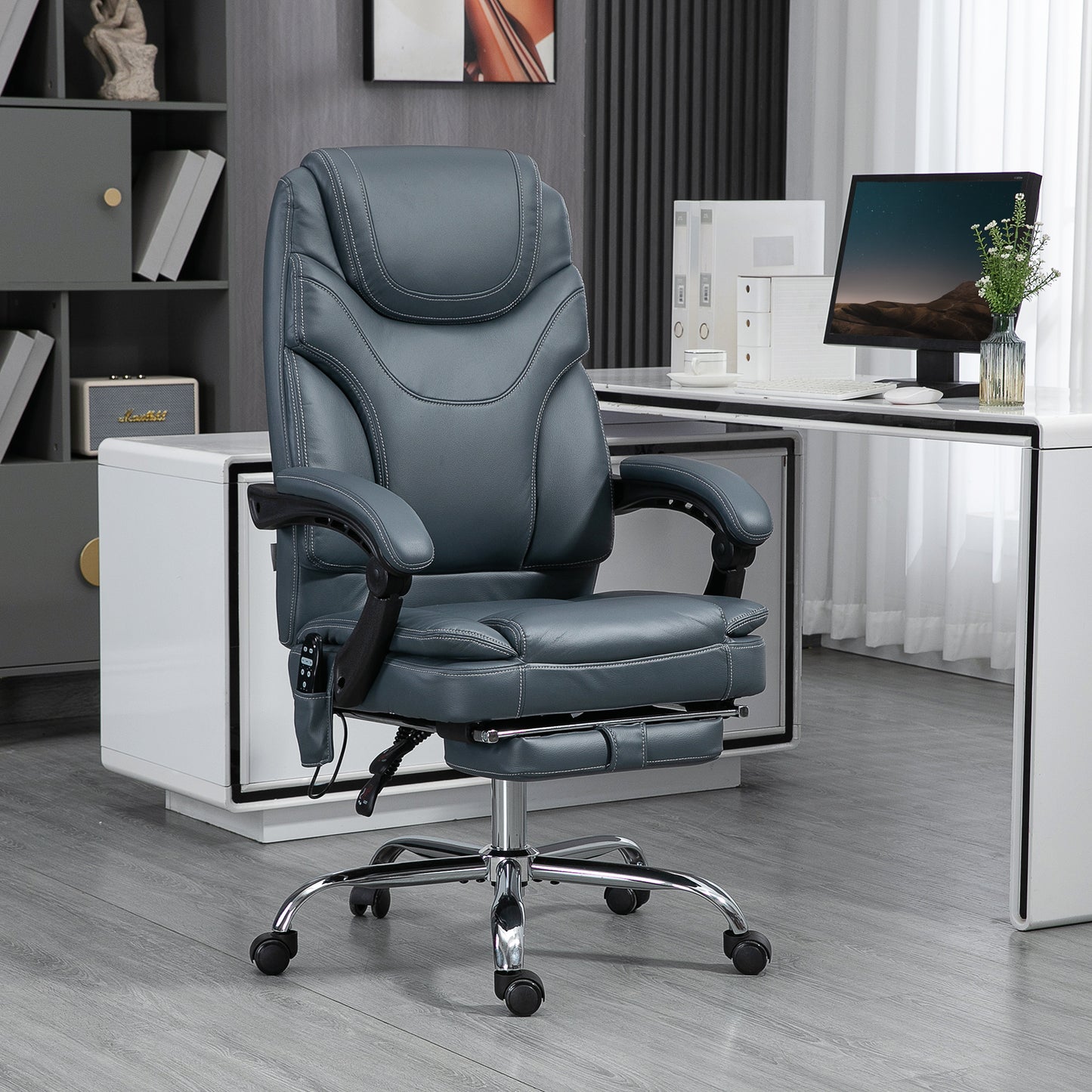 Office Chair with Massage and Heat with Footrest, in PU Leather and Steel, 67x67x113-121 cm, Grey