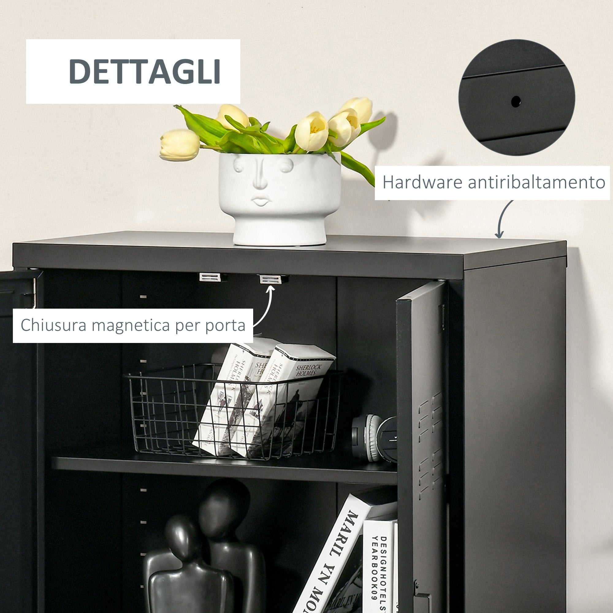 Industrial Style 2-Door Metal Storage Cabinet for Home and Garage, 75x33x110 cm, Black