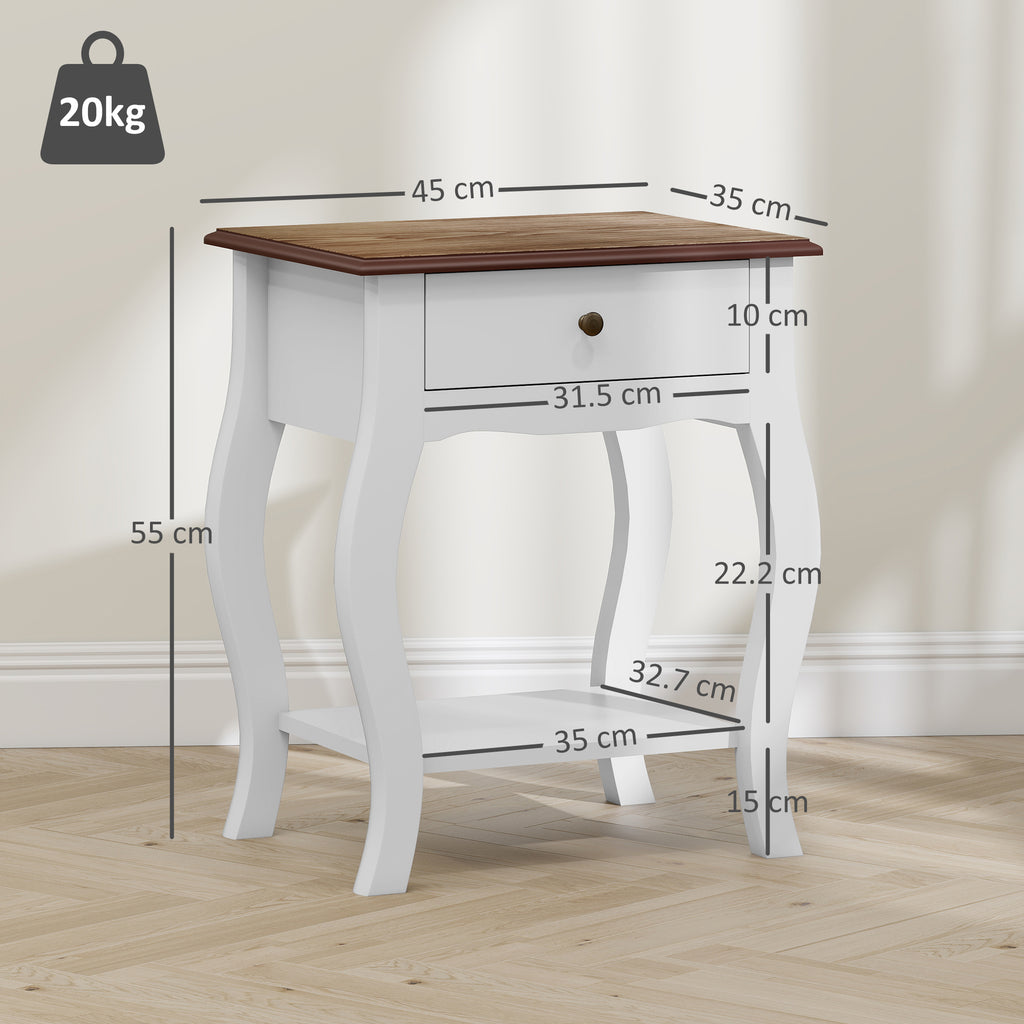 French Style Wooden Nightstand with Drawer and Open Shelf, 45x35x55 cm, White and Oak