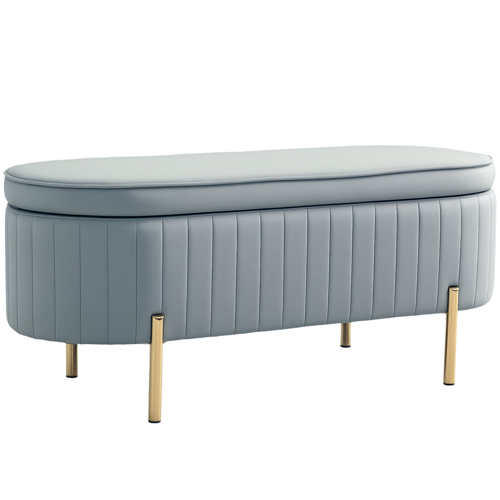 72L Oval Storage Bench with Lift-Top Lid, Velvet Fabric and Wood, 108x44x43.5 cm, Grey