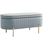 72L Oval Storage Bench with Lift-Top Lid, Velvet Fabric and Wood, 108x44x43.5 cm, Grey