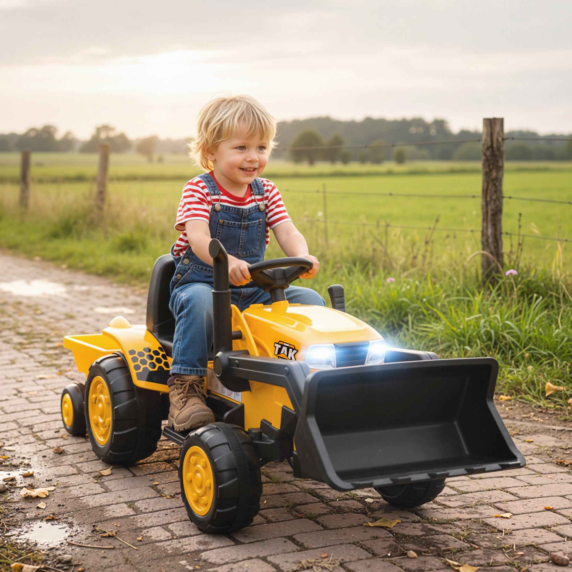 AIYAPLAY 12V Electric Excavator for Kids with Bucket, Trailer and Remote Control, Ages 3-8 Years, Yellow