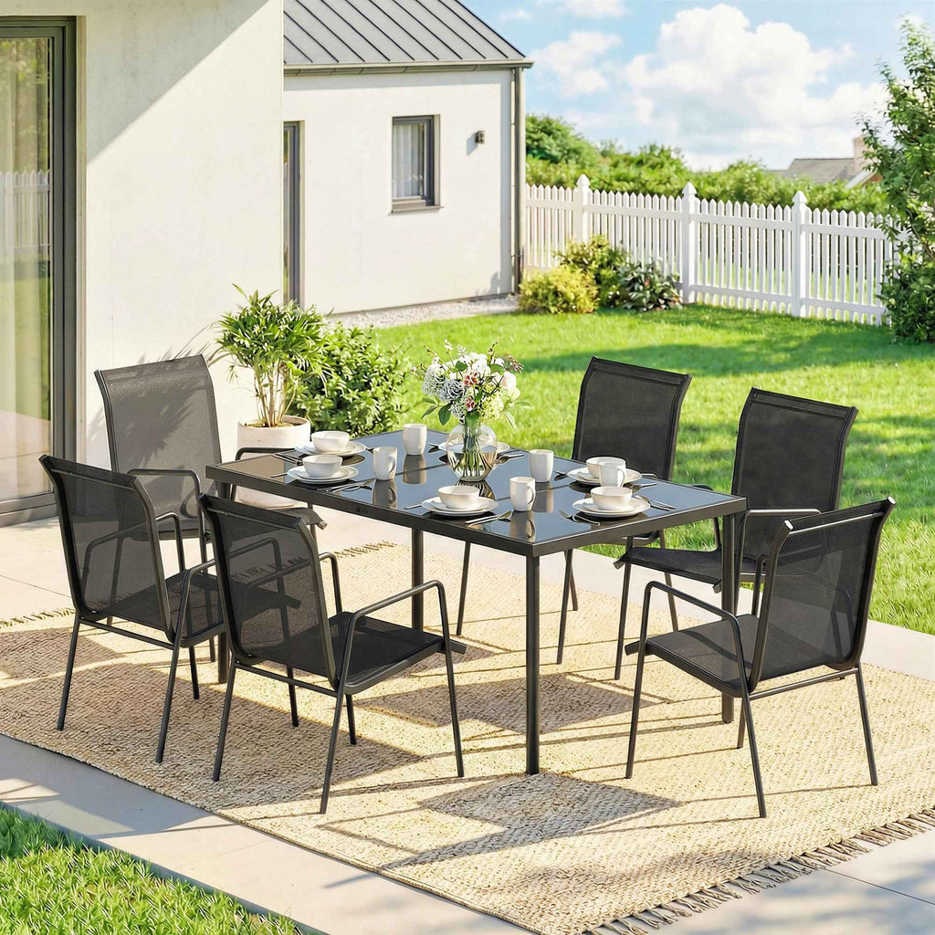 Outsunny 7-Piece Steel Outdoor Set with 6 Stackable Texteline Chairs and Glass-Top Coffee Table, Black