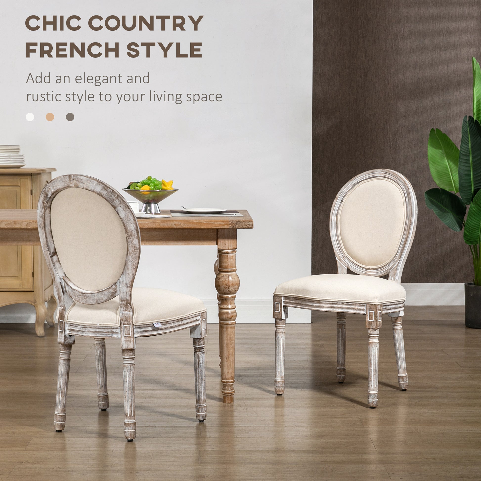 HOMCOM Set of 2 Classic Dining Table Chairs in Wood with Fabric Covering, Cream - Borgè