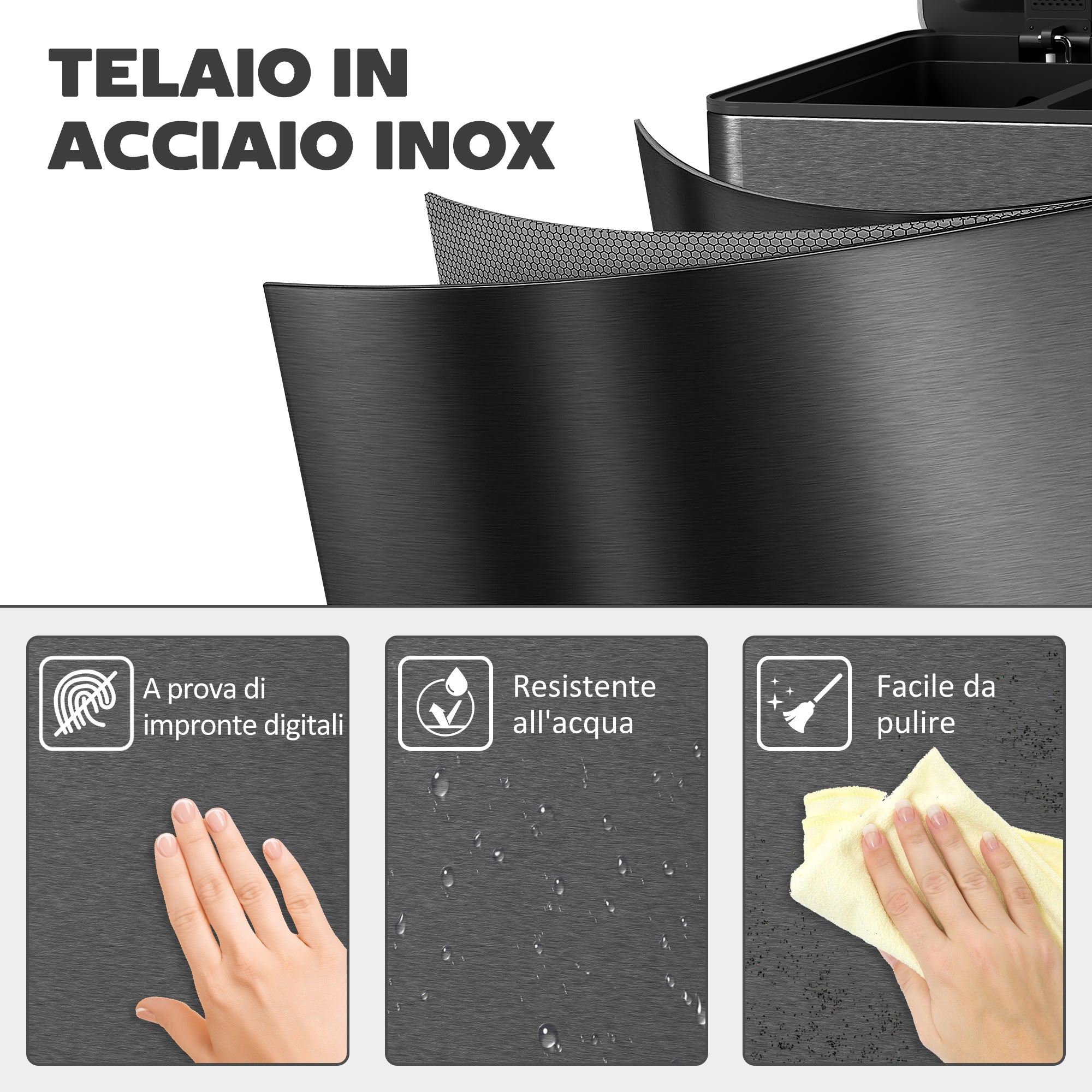 20L 3-Section Rubbish Bin with Silent Closure, Stainless Steel and PP, 61.9 x 36.6 x 56.7 cm, Black