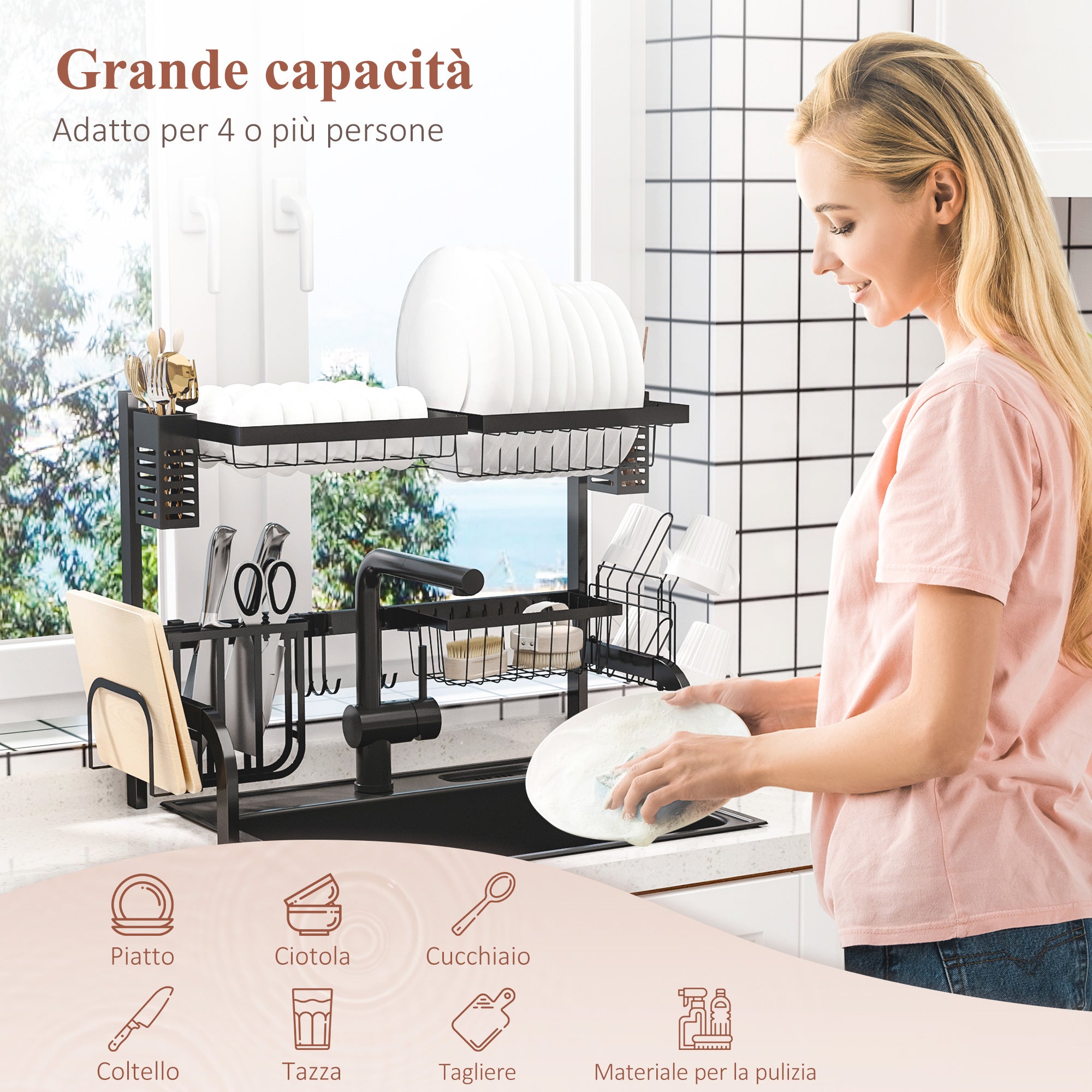 2-Tier Modular Sink Dish Drainer with Non-Slip Feet, Steel, 65x31.5x52.5 cm, Black