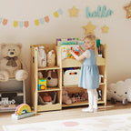 Toy Storage Shelf for Children Ages 3-8 with Open Shelves and Compartments, Wooden, 92x29x79 cm, Wood Color