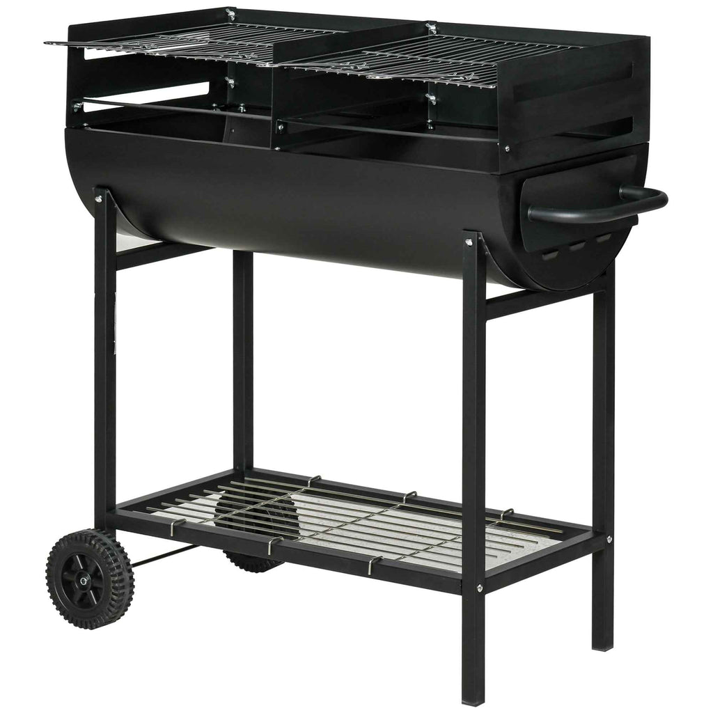 Outsunny Steel Barbecue with 2 Independent Grills, 2 Wheels, and Bottom Shelf | Black | 90cm x 45cm x 96cm