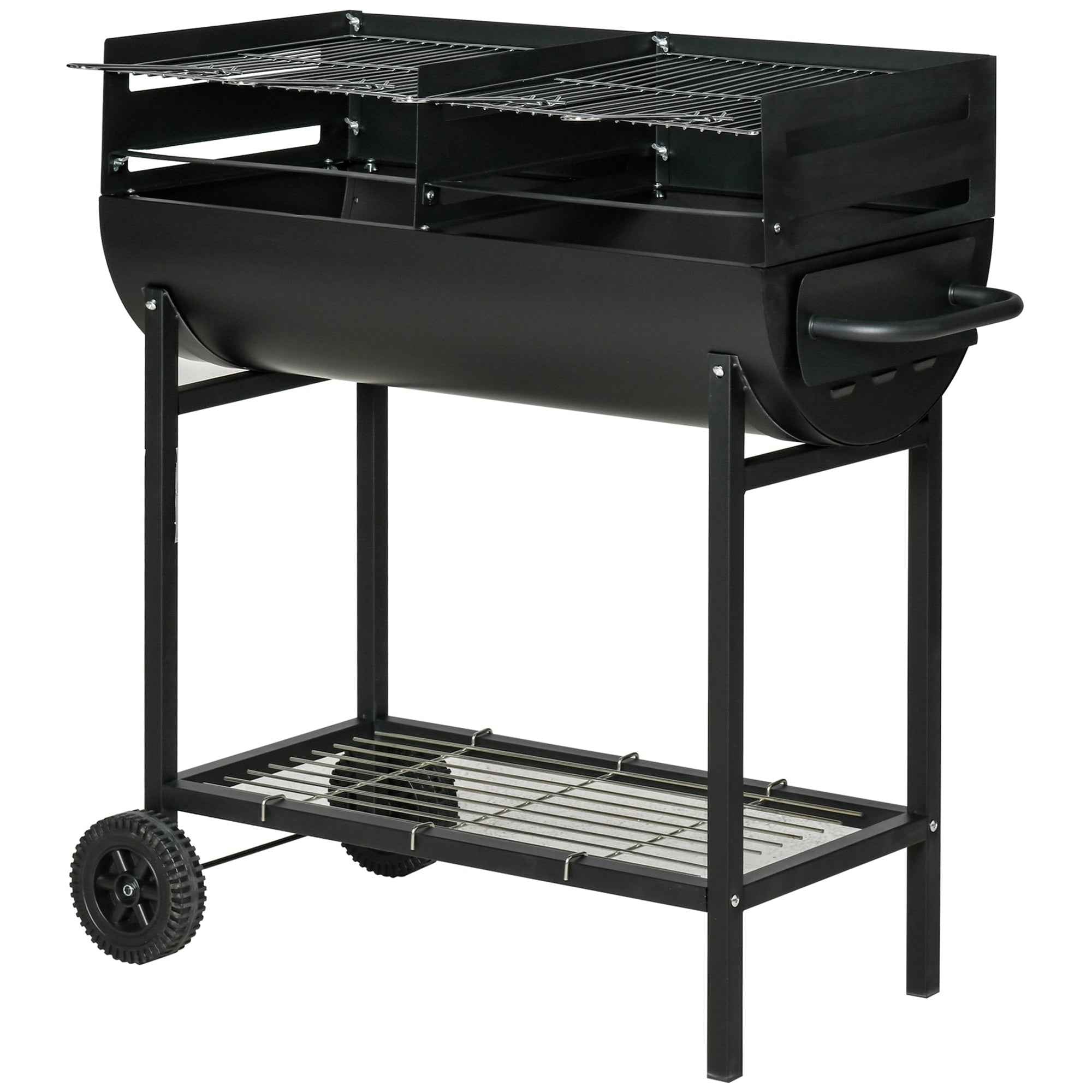 Outsunny Steel Barbecue with 2 Independent Grills, 2 Wheels, and Bottom Shelf | Black | 90cm x 45cm x 96cm