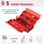 Folding Metal Tool Box with 5 Trays, 3 Shelves, Red