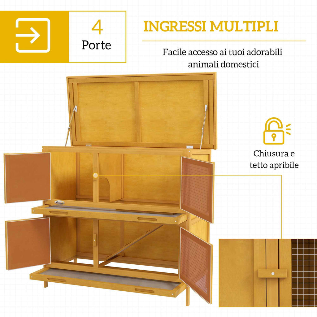 PawHut 2-Tier Rabbit Hutch in Fir Wood and Tar with Ramp, 2 Removable Trays, 4 Doors, 97x44x91 cm, Yellow