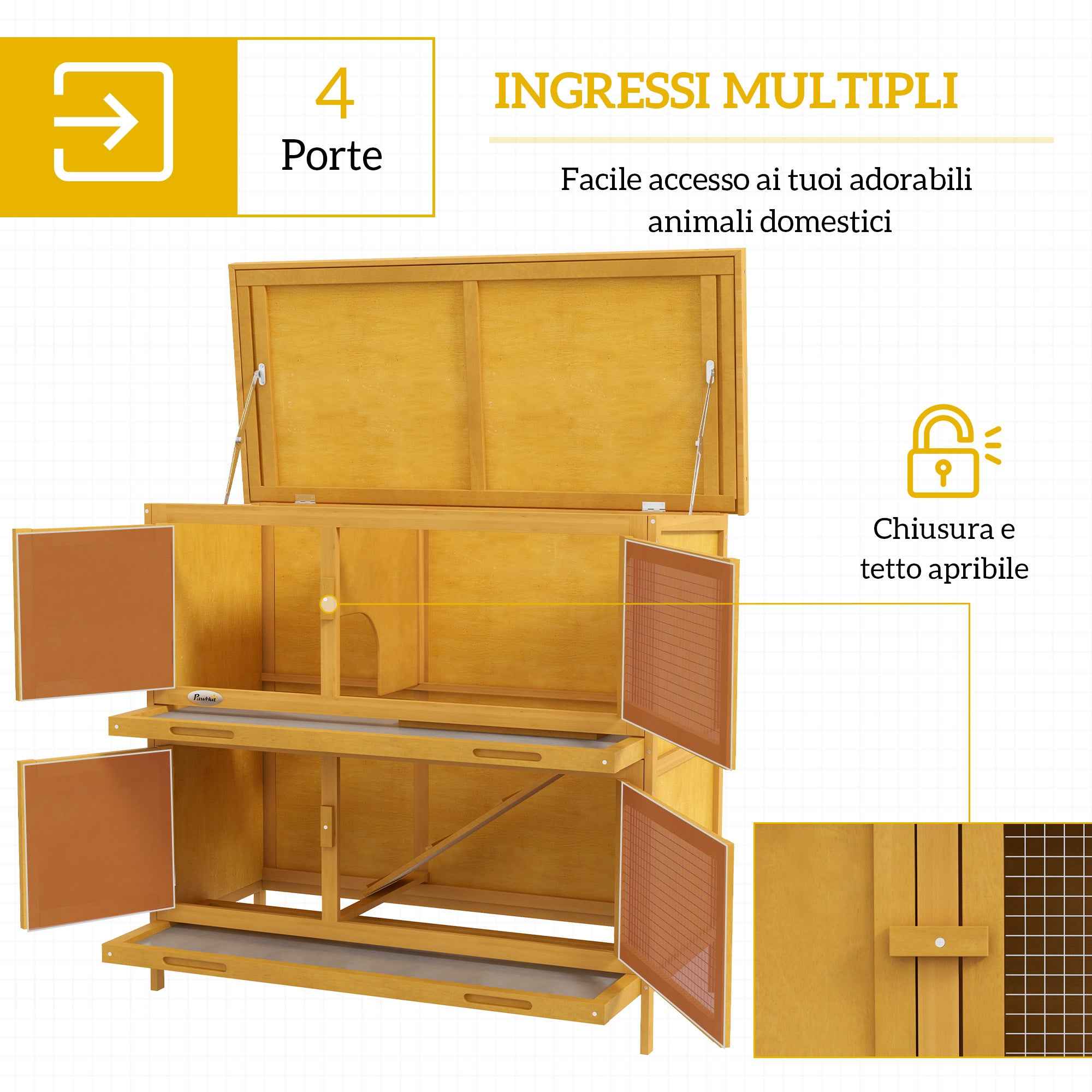 PawHut 2-Tier Rabbit Hutch in Fir Wood and Tar with Ramp, 2 Removable Trays, 4 Doors, 97x44x91 cm, Yellow
