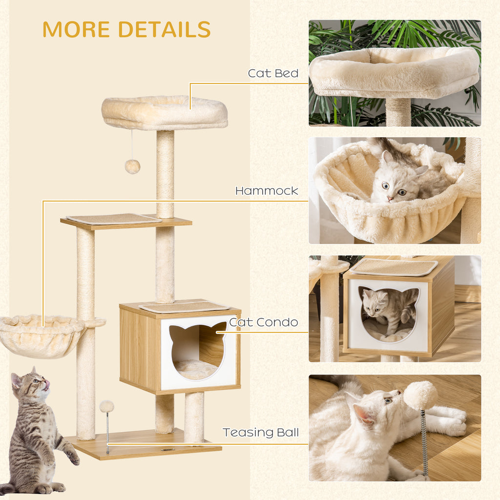 Cat Scratching Post with 2 Posts, House, Hammock, Bed and 2 Balls, Made of Wood, Fleece and Sisal, 48x40x126 cm