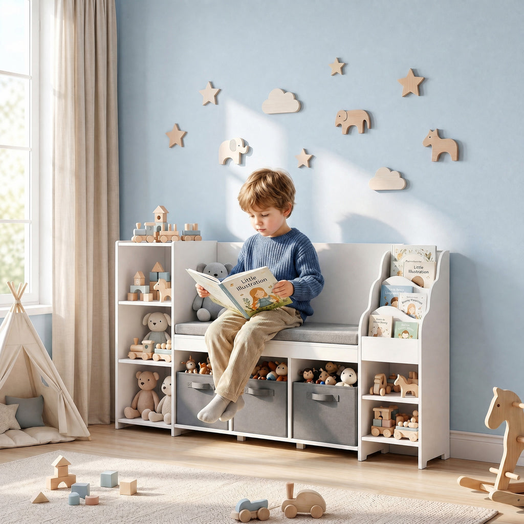 AIYAPLAY Toy Storage Rack for Children Ages 3-8 with 3-Tier Bookshelf, 3 Drawers, 4 Compartments, Cushion, White