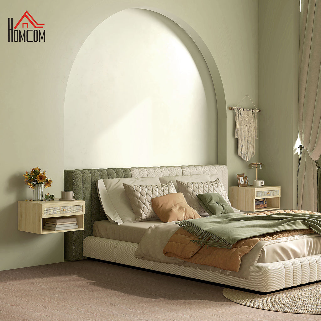 HOMCOM Set of 2 Bedside Tables with Drawer and Open Shelves in Nordic Style, in Chipboard and Rattan, 40x34x23 cm - Borgè