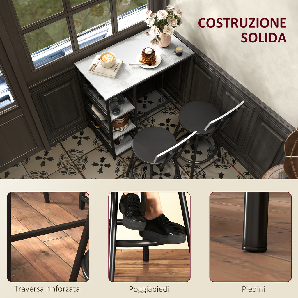 3 Piece Dining Set with Bar Counter with Shelves and 2 High Chairs with Backrest, Light Grey