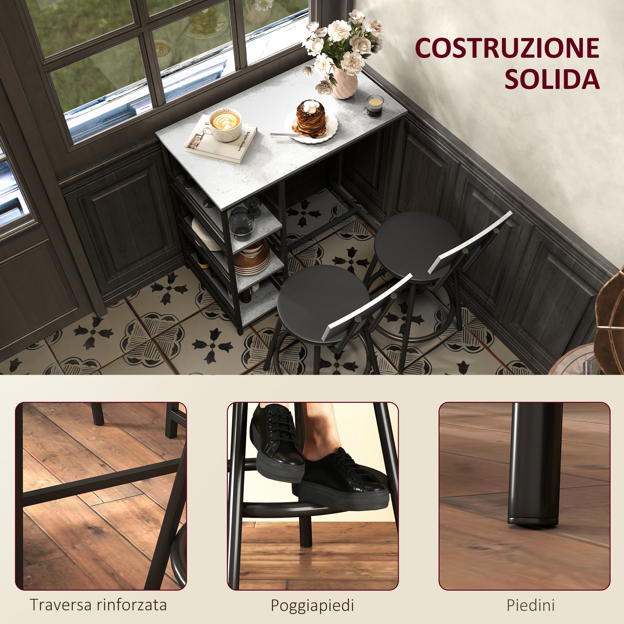 3 Piece Dining Set with Bar Counter with Shelves and 2 High Chairs with Backrest, Light Grey