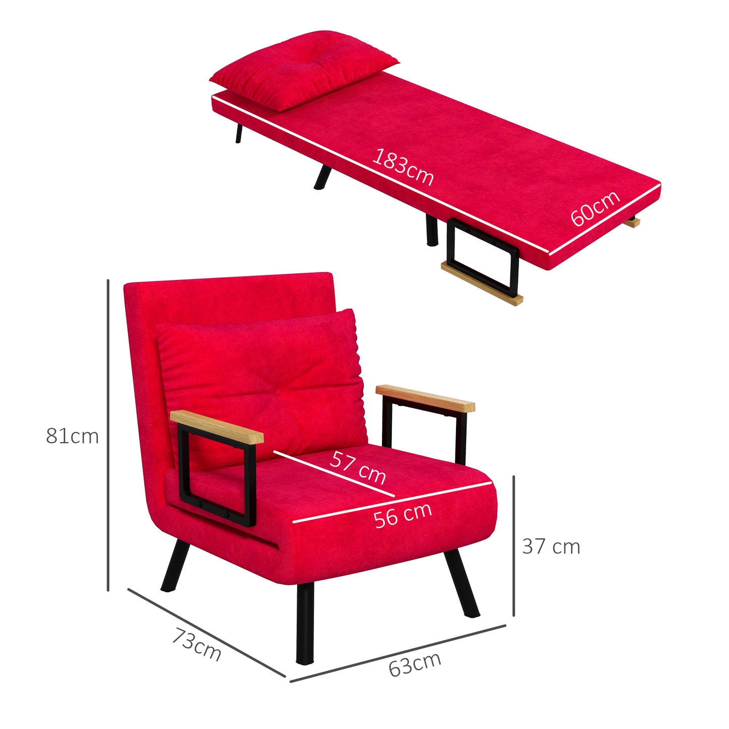 Velvet Red, 3 in 1 Reclining Backrest Sofa Bed with Cushion, Velvet Effect Fabric, 63x73x81 cm, Red