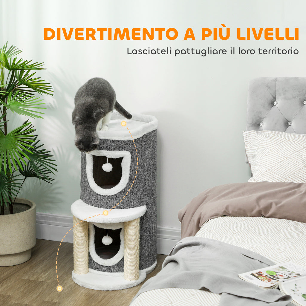 Cat Scratching Tree, 76 cm Tall, with Houses, Bed, Balls and Sisal Posts, Grey
