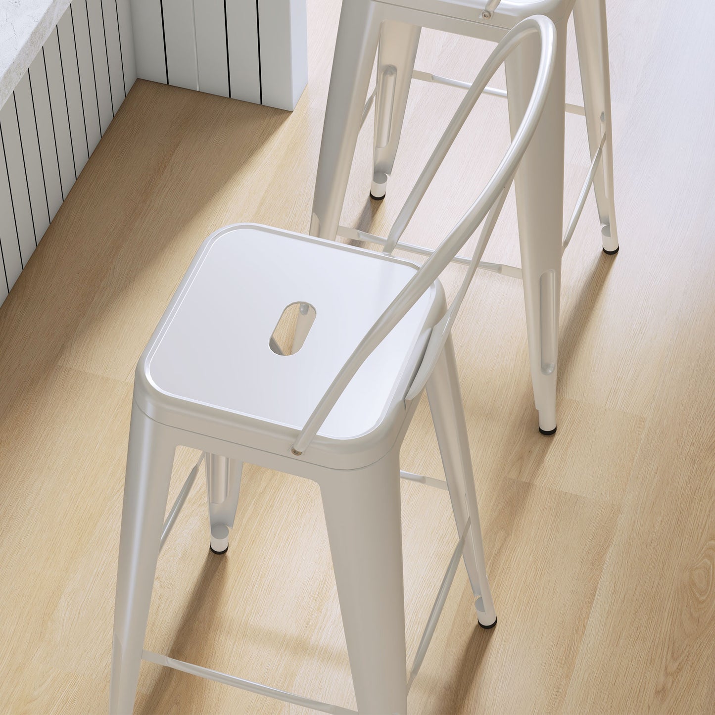 Set of 2 Stackable Metal Bar Stools with Removable Backrest and Footrest, White