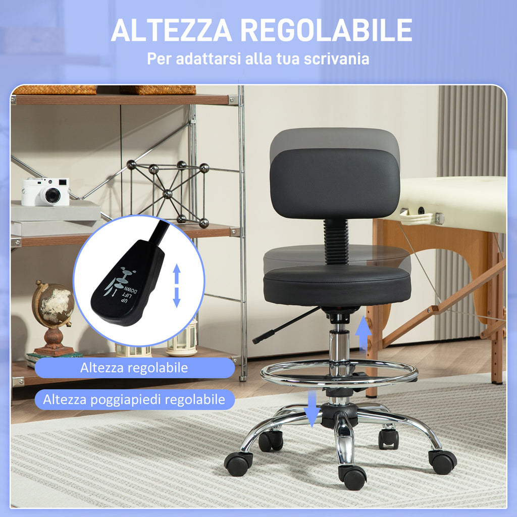 Height-Adjustable Swivel Chair with Footrest, in Steel, Faux Leather and Foam, 52x52x78-92 cm, Black