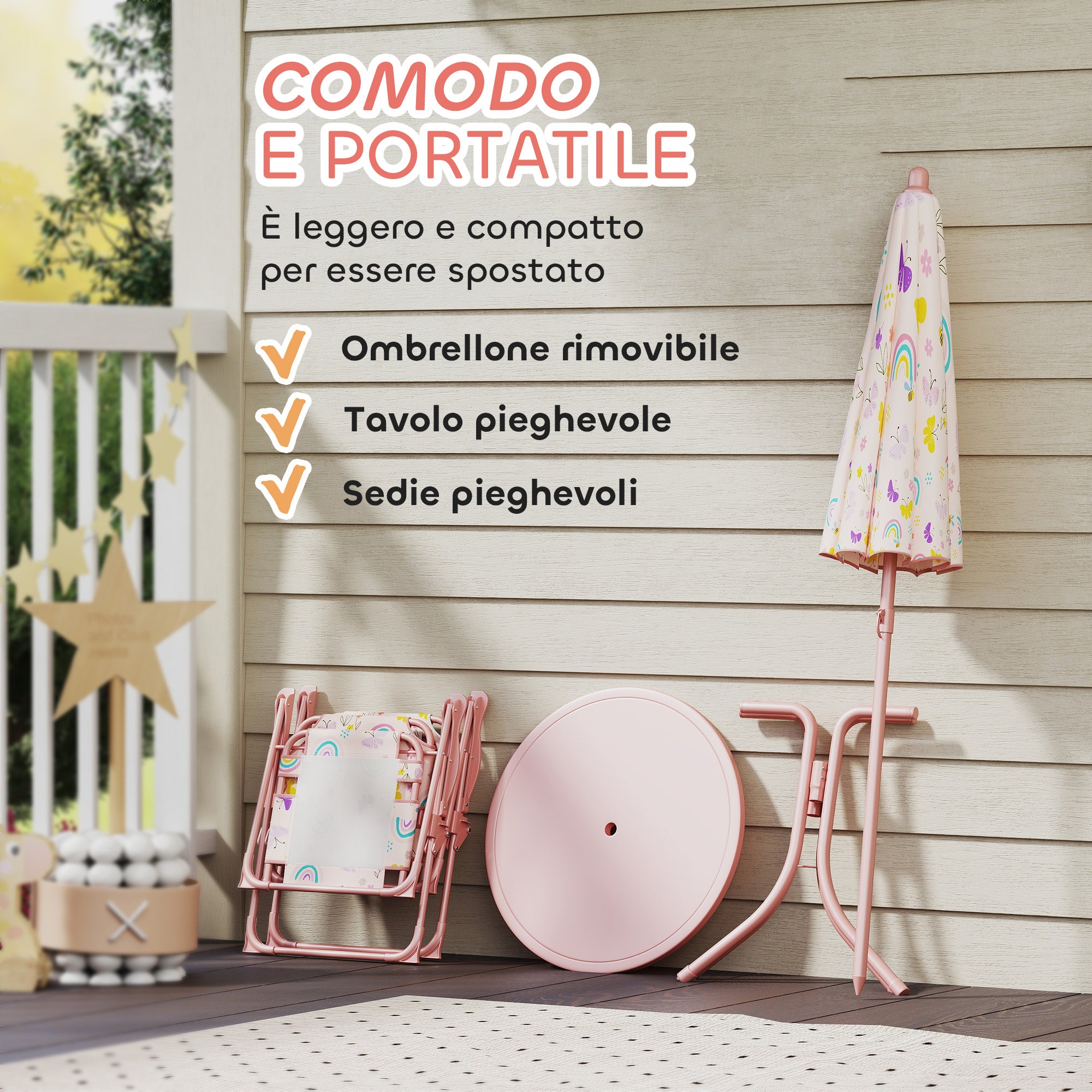 Garden Set for Children 2-5 Years with Round Table, 2 Folding Chairs and a Umbrella, Pink