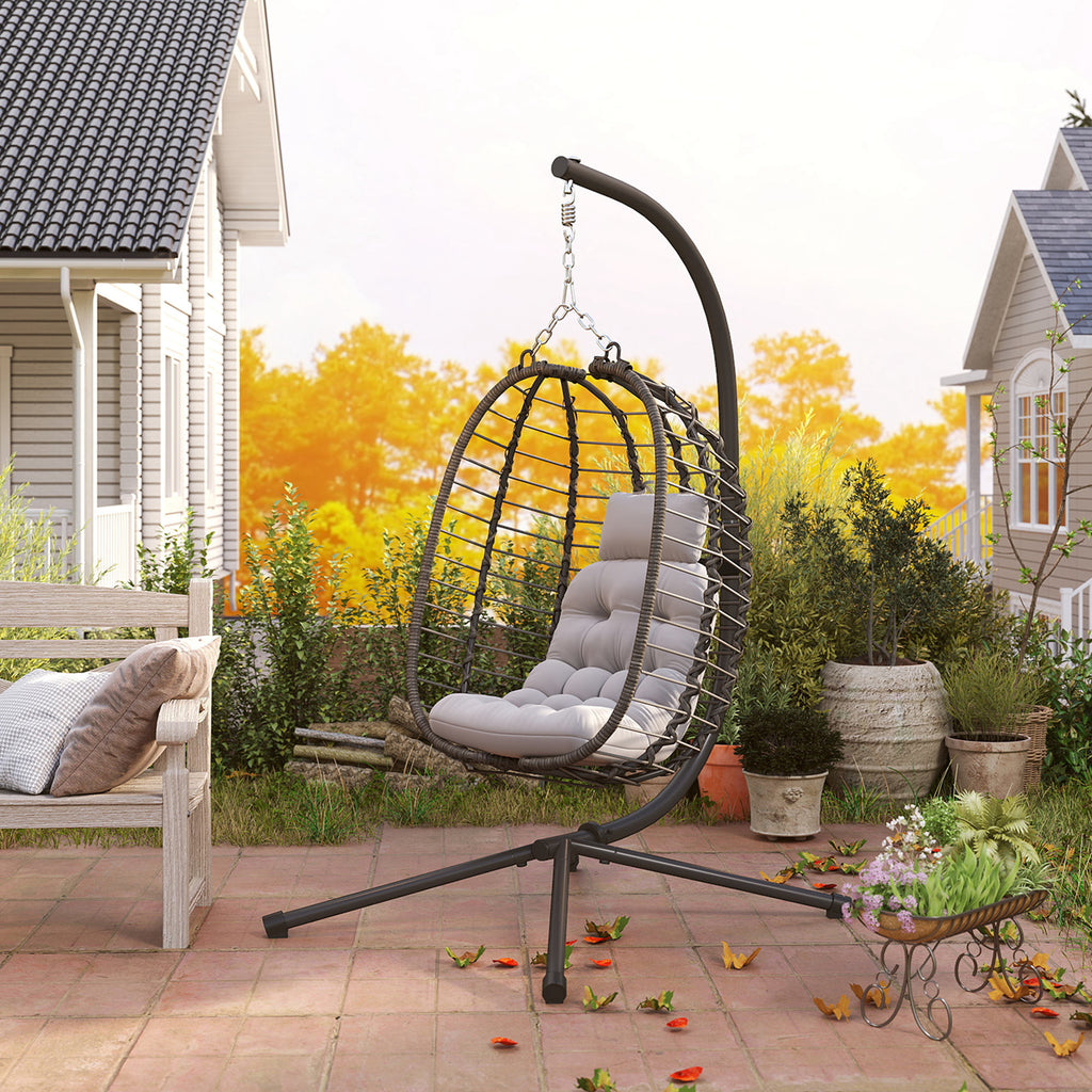 Rattan Hanging Egg Chair with Cushion and Headrest, Adjustable Height and Foldable Seat, Grey