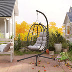 Rattan Hanging Egg Chair with Cushion and Headrest, Adjustable Height and Foldable Seat, Grey