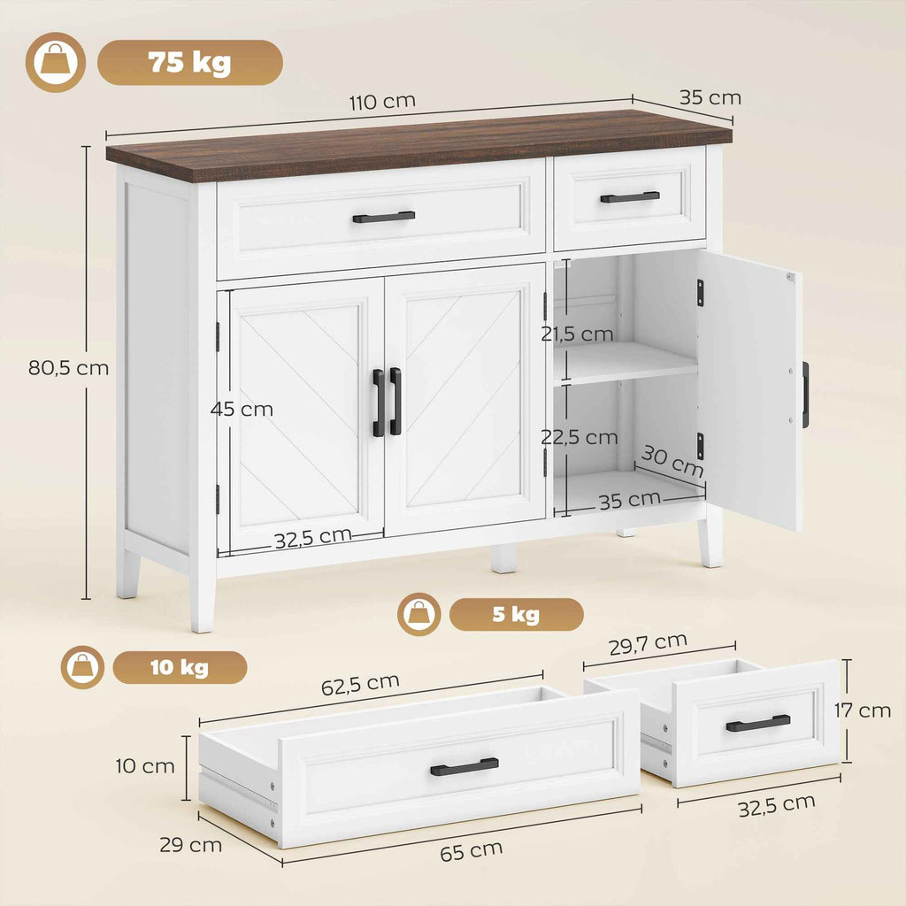 HOMCOM Wooden Kitchen Sideboard with 3 Barn Doors, 2 Drawers and 2 Adjustable Shelves, White